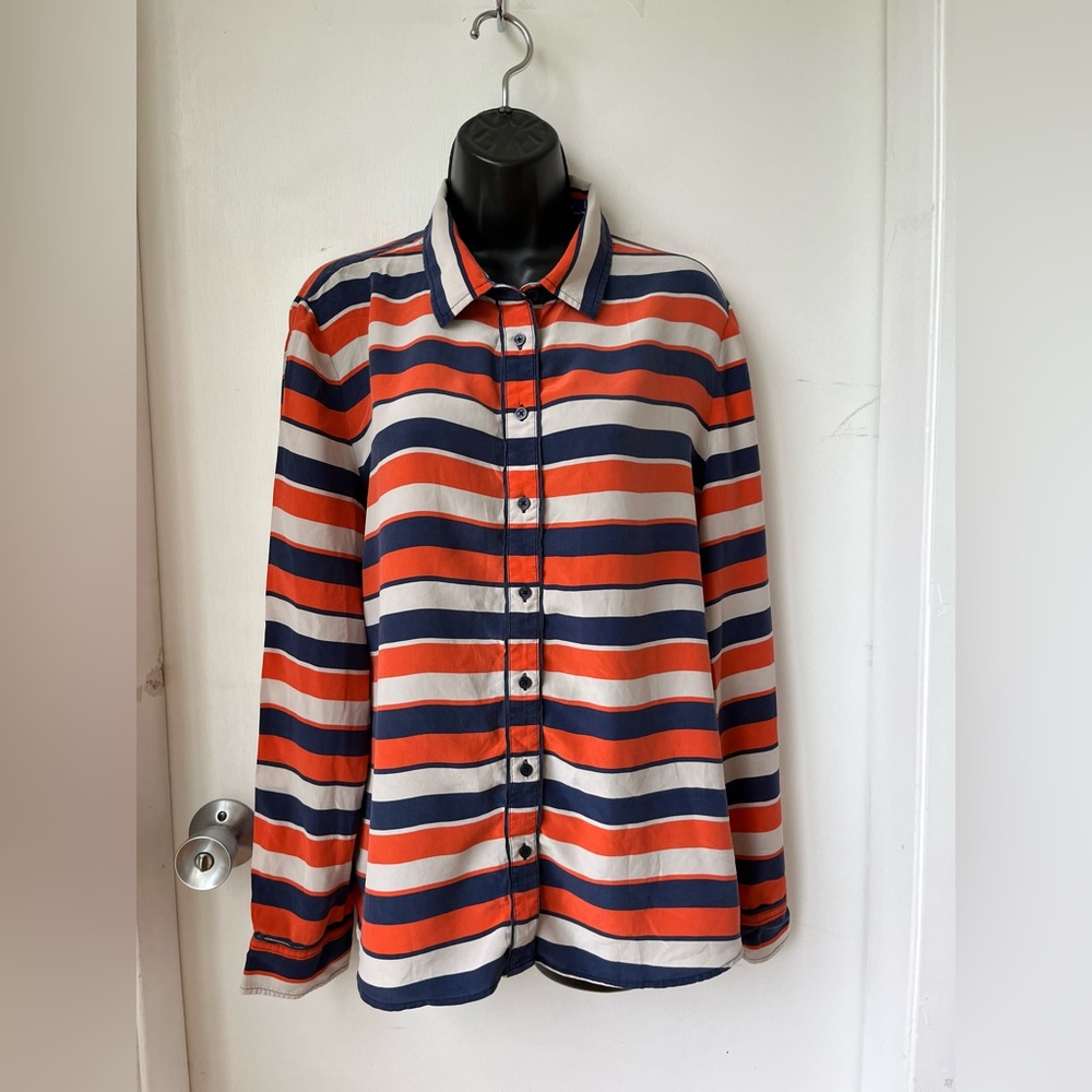 100% Silk Striped Sperry Blouse Sz Large